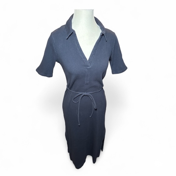 Boden Navy Ribbed Jersey Midi Shirt Dress Belted Collared Short Sleeve Sz 6 - Picture 11 of 13